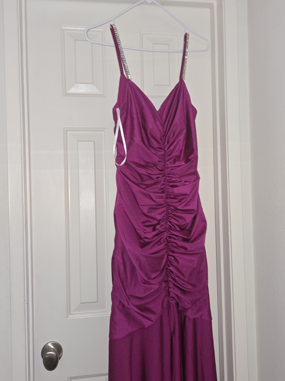 Xscape Fuchsia Strapless Ruched Evening Gown with Embellished Straps